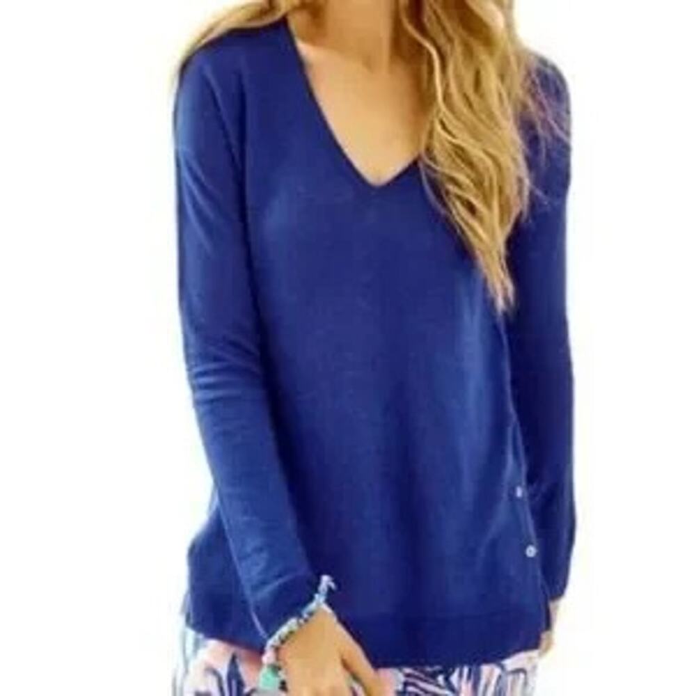 Lilly Pulitzer Liesel Sweater Linen Navy Lightweight Button Sides Women Small